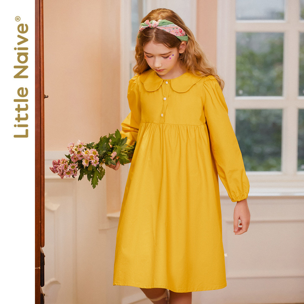 LittleNaive Children's Dress New Young Girl Dress Pure Color Up for Children's Long Sleeve Dress