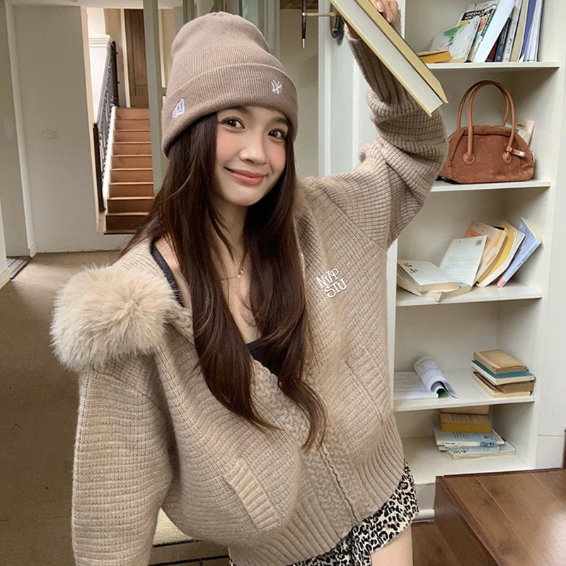 Nvpvva Korean Style Soft and Casual Lazy Style Cable Knit Cardigan with Large Fur Collar Hooded Sweater Autumn and Winter Thickened Coat