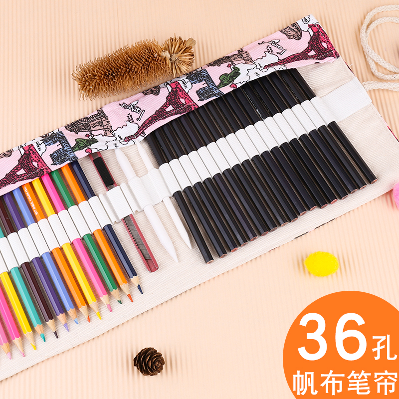 Canvas pen curtain roll pen bag 36 48 hole pen bag folding pencil curtain sketch pencil bag insertion pen bag storage