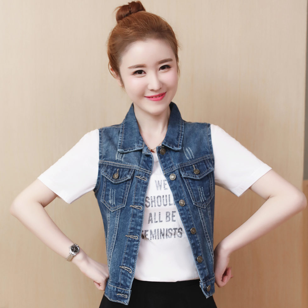 2020 mùa hè denim mới lỏng mỡ đang lớn MM vest Hàn Quốc phiên bản của chiếc áo khoác nhỏ lượn sinh phụ nữ