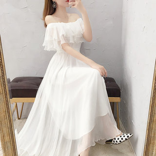 Super fairy one-shoulder white chiffon dress women's summer long section 2022 popular new slim skirt summer