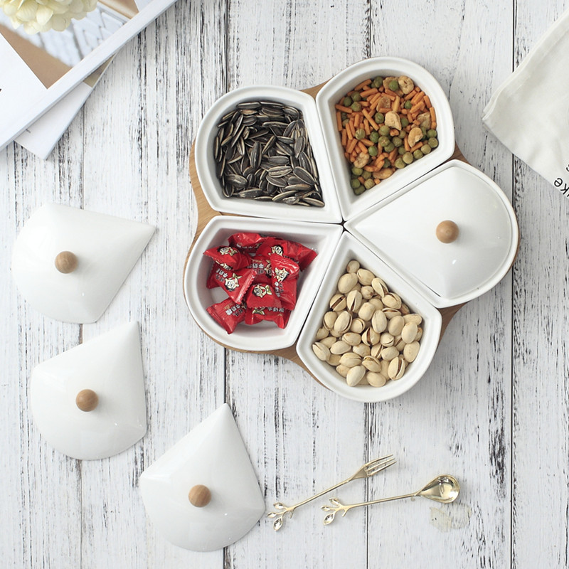 Ceramic Dried Fruit Pan Modern Living Room Dessert Tray with lid Snack Melon Seeds Candy Pan Creative Nordic Nut Tray