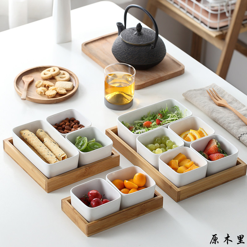 High fruit plate home ceramic multi-grid grid plate creative bamboo and wood Nordic style snacks melon seed plate candy plate