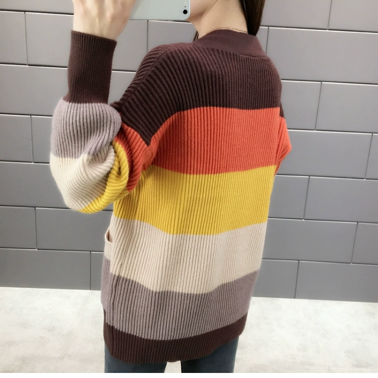 Mùa xuân 2020 áo len cổ chữ V mới áo len nữ rộng rãi của Hàn Quốc áo len sọc cầu vồng - Áo len cổ chữ V