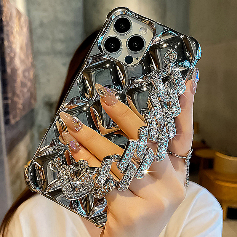 Rhinestone Wristband Case Suitable for Apple 17 Pro Max Phone Case iPhone 15 Plus New Diamond Pattern Huawei Mate60 Pro Rhinestone Electroplated Silver 17 Goddess High-End 14 Pro Max Case with Lanyard