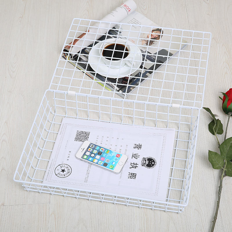 [USD 8.64] Voucher Organizer Frame Iron Art White File Basket With Lid