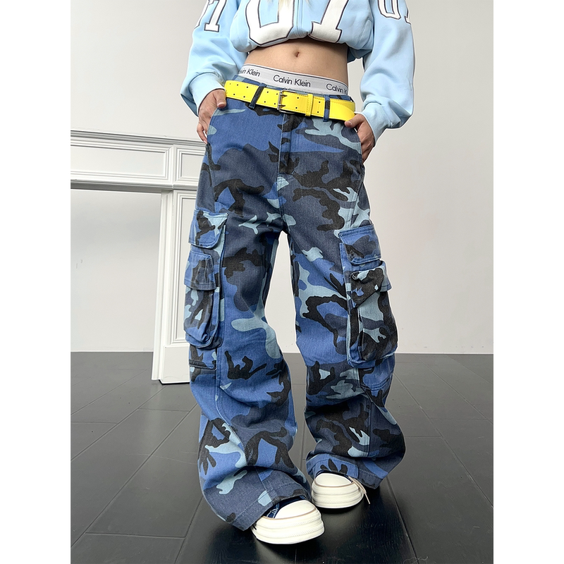 Tr Brushshift American Street Style Multi-Pocket Navy Camouflage Jeans Wide-Leg Deconstructed Workwear Long Pants