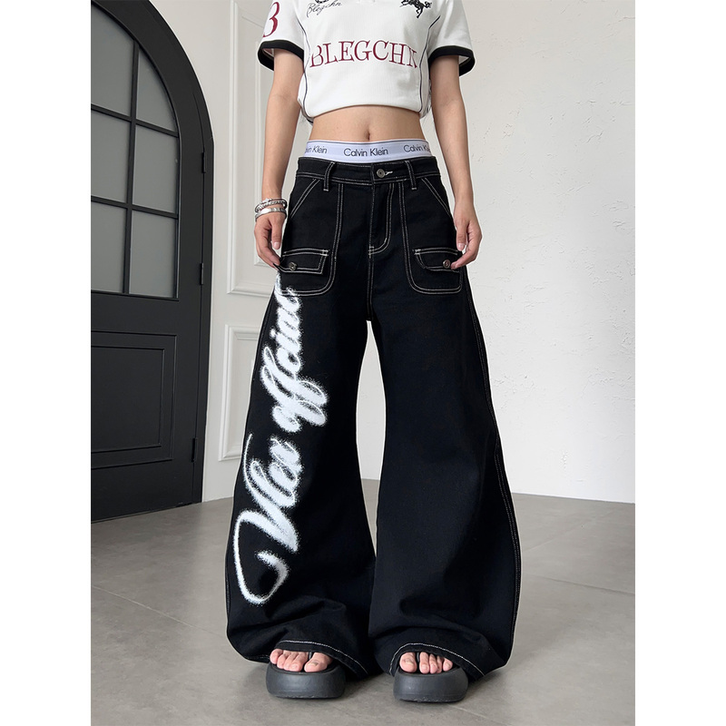 Tr Brushshift American-Style Wing Graffiti Print Exposed Seam Denim Wide-Leg Scimitar Multi-Pocket Floor-Length Pants Tr Brushshift American-Style Wing Graffiti Print Exposed Seam Denim Wide-Leg Scimitar Multi-Pocket Floor-Length Pants