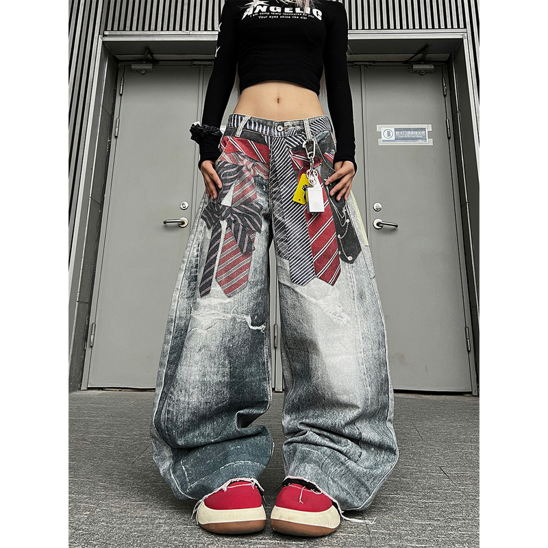 Tr Brushshift 3D Digital Printing Lace-Up Scimitar Jeans for Men and Women, Street Style Wide-Leg Pants