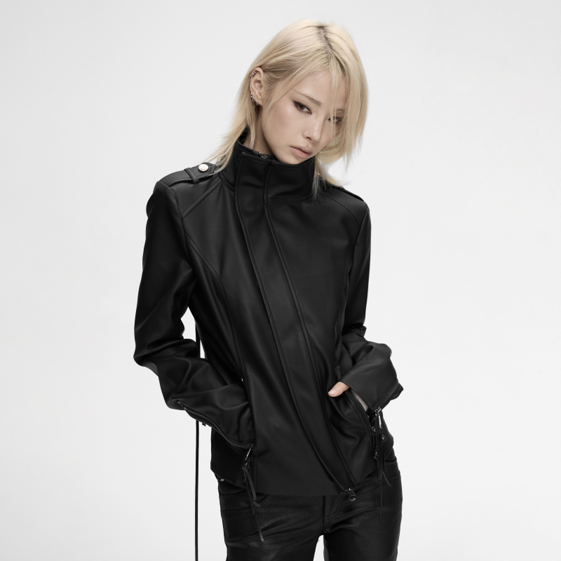 Freeoxygen Stand-Up Collar Diagonal Placket Drawstring Leather Jacket with Cross and Pentagram, Two-Way Wear, Dark Slim-Fit Coat Freeoxygen Stand-Up Collar Diagonal Placket Drawstring Leather Jacket with Cross and Pentagram, Two-Way Wear, Dark Slim-Fit Coat