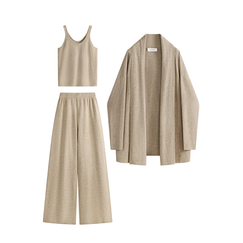 Moji Plnoy Gentle and Soft Mid-Length Knitted Cardigan Slimming Vest Camisole Set for Women Autumn and Winter Wide-Leg Pants