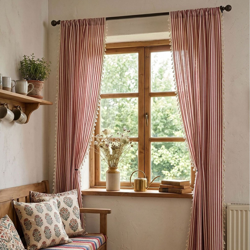 French-Style Cream Striped Cotton and Linen Fabric Curtains, Fashionable Red Sheer Curtains, Semi-Blackout Decorative Bay Window Curtains, Door Curtains French-Style Cream Striped Cotton and Linen Fabric Curtains, Fashionable Red Sheer Curtains, Semi-Blackout Decorative Bay Window Curtains, Door Curtains