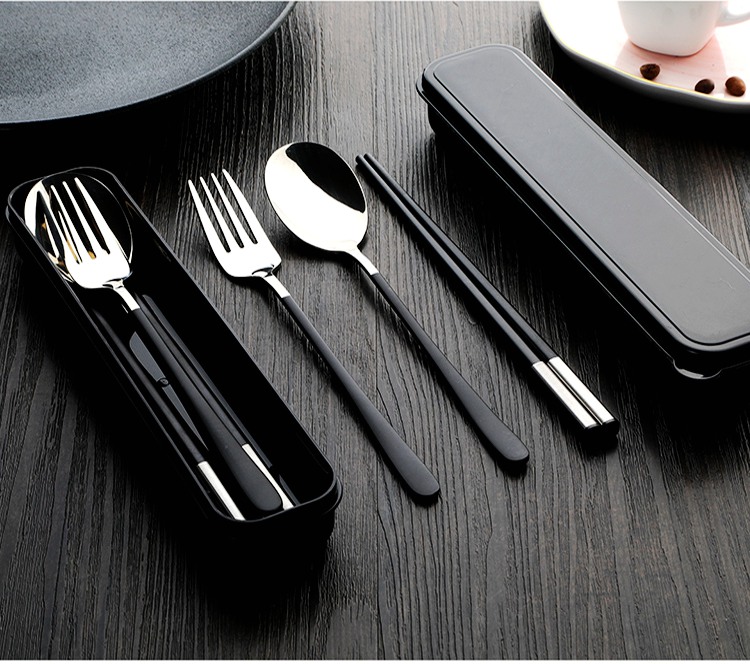 Đũa muỗng đặt nĩa sinh viên mang theo lưu trữ di động bằng gỗ cầm tay hộp trẻ em dao kéo ba mảnh - Đồ ăn tối đĩa dùng 1 lần