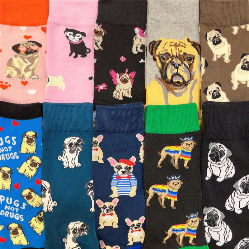 Cartoon Mid-Calf Socks, One Size Fits All for Men and Women, Human Cotton Socks, Pug with a Sour Face, Short-Nosed French Bulldog, Barking Dog Pug