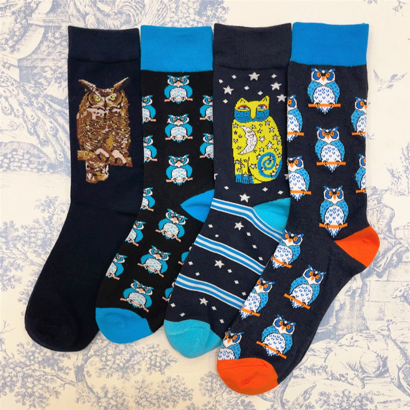 Cute Cartoon Cat and Owl Mid-Calf Long Socks with Stripes and Little Stars, Owl Night Owl Socks
