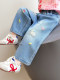 Girls' Cartoon Embroidered Jeans, New Spring and Autumn Style, Versatile Straight-Leg Pants for Children, Korean Style Loose Wide-Leg Pants