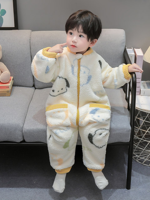 Children's One-Piece Pajamas for Autumn and Winter, Thickened Flannel, One-Year-Old Baby Sleeping Bag, Boys' Coral Fleece Anti-Kick Blanket