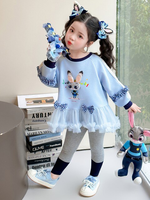 Girls' Cartoon Bunny Police Officer Sweatshirt Dress Set, Kidsren's Spring and Summer Fashionable and Cute Judy Clothes Lace Two-Piece Set