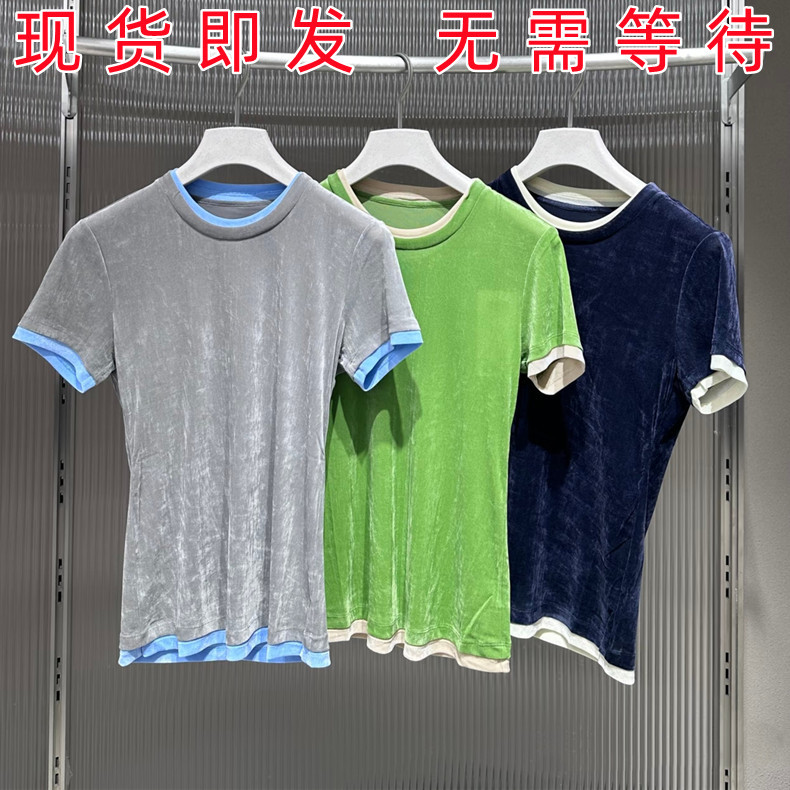 [Same Style as in Shopping Malls] J South Counter Genuine Product 26 Spring/Summer New Product Faux Two-Piece Slim Fit Velvet T-Shirt for Women 5Q5115310