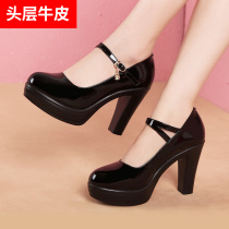 Cuir véritable talon bas bout rond cuir verni talon épais talon moyen modèle défilé talons hauts cheongsam spectacle chaussures spéciales bouche peu profonde chaussures simples pour femmes