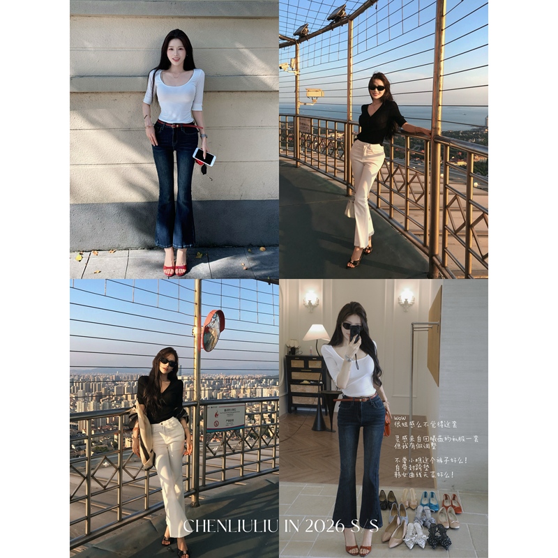 Chen Liuliu "Comic Figure" Korean-Style Curve-Enhancing Hip Jeans for Women, Slim-Fit Mid-Waist Flared Pants, Straight-Leg Pants Chen Liuliu "Comic Figure" Korean-Style Curve-Enhancing Hip Jeans for Women, Slim-Fit Mid-Waist Flared Pants, Straight-Leg Pants