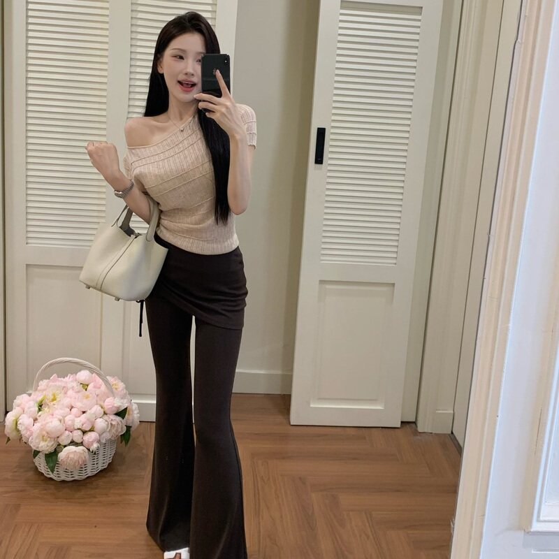 Chen Liuliu【Fragrance Lover】Korean-Style Lightweight, Simple, Comfortable Knit One-Shoulder Short-Sleeve Drawstring Casual Pants