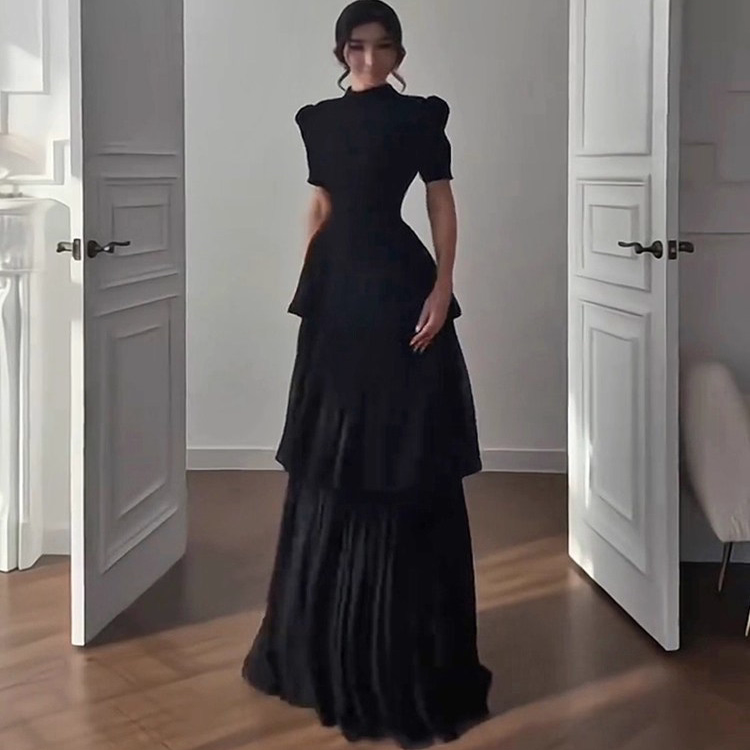 Lamei Diary Plus Size French Style High-End Autumn and Winter Elegant Dress Half-High Collar Black Multi-Layer Skirt Dress Lamei Diary Plus Size French Style High-End Autumn and Winter Elegant Dress Half-High Collar Black Multi-Layer Skirt Dress