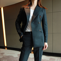 Light luxury new women autumn and winter thickened woolen suit suit suit fashion British double row slim dark green suit set