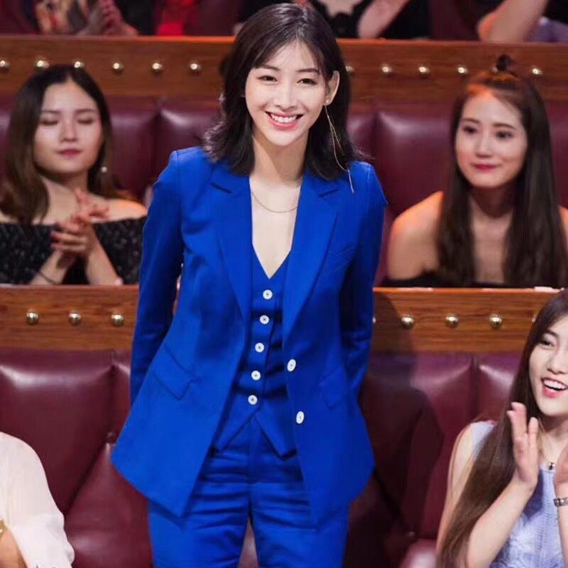 Net red Chen number of precious blue Western clothes suit single-row buttoned flat refuting collar fashion temperament Skinny suit Three sets