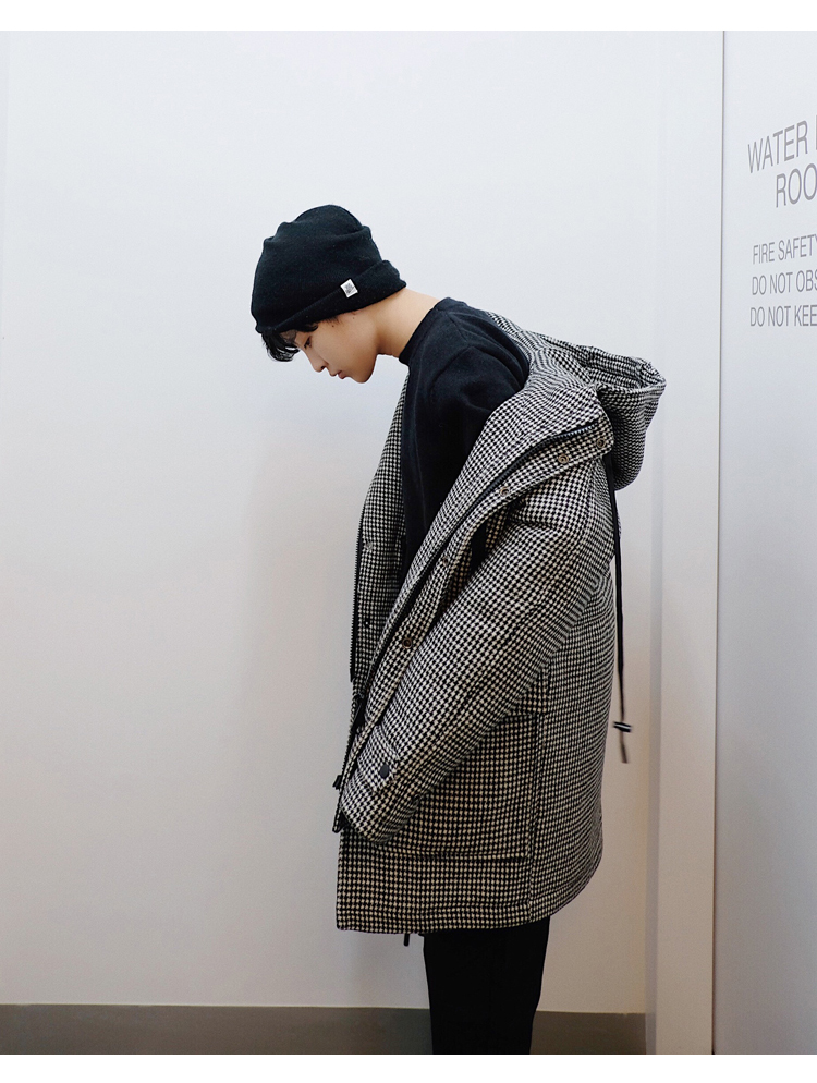 WENGNA Houndstooth Áo trùm đầu có lông (30% len) áo phao nam hàn quốc