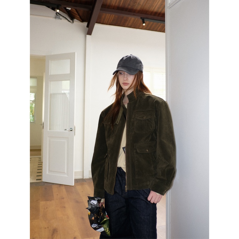 Madeinwn Trendy Dark Green Suede Pocket Work Jacket Casual Versatile Biker Style Top