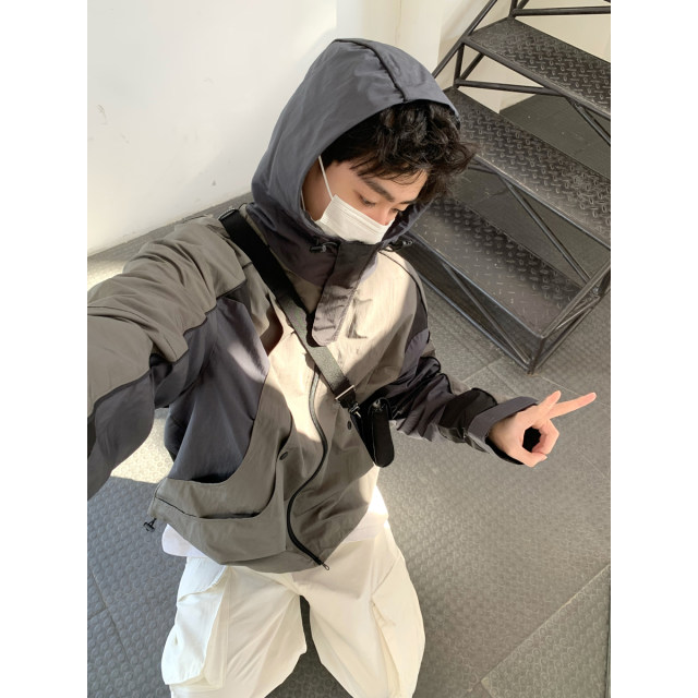 MADEINWN Retro Contrast Color Hooded Jacket Spring and Autumn Casual Sports Workwear Jacket Couple Jacket