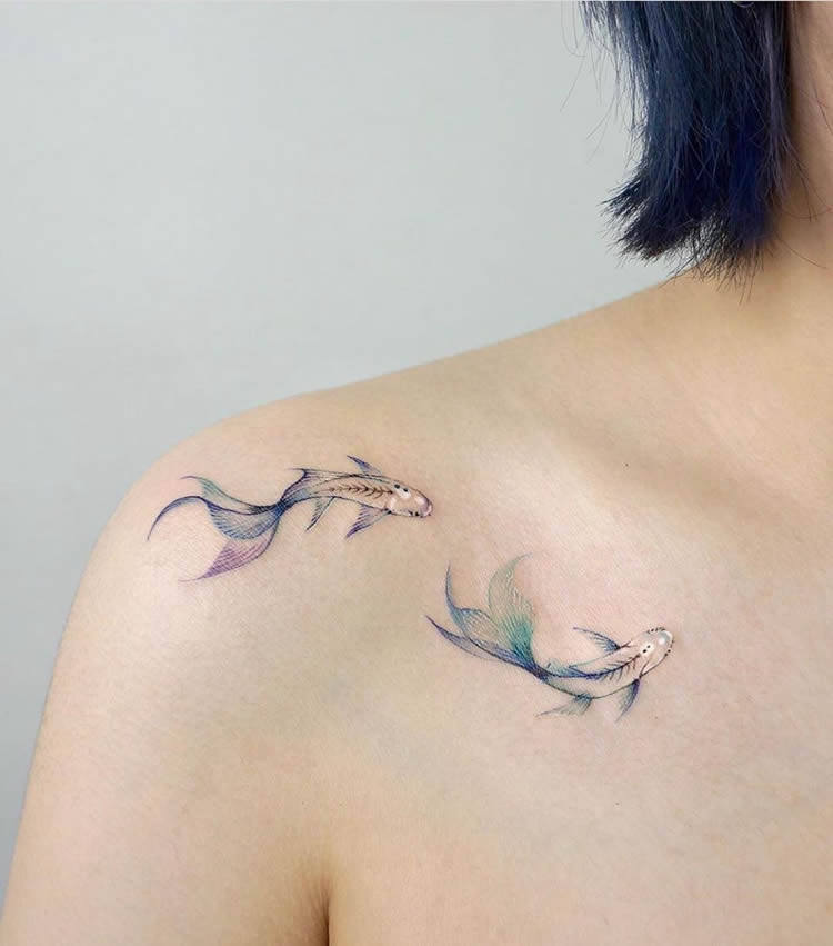 梦幻七彩双鱼性感锁骨肩部纹身贴防水女持久彩色斗鱼贴纸遮盖疤痕