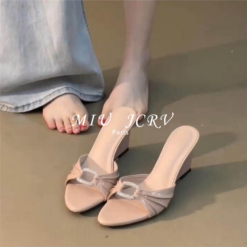 Miu Jcrv Summer Outdoor Wedge Sandals Open-Toe French Style Elegant Ladylike Rhinestone High-Heeled Slippers