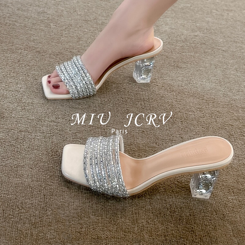 Miu Jcrv French-Style Rhinestone Stunning High-Heeled Shoes for Women, Low-Heeled Square-Toe Slip-On Sandals with a Stylish Design