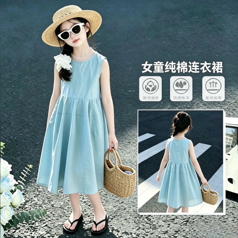 Girls' Sleeveless Dress Summer New Style Blue Vest Dress Mid-Length Cotton Casual Princess Dress
