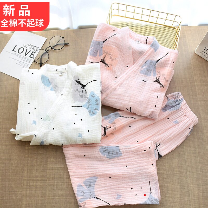 Japanese boys and girls in large children dressed with cotton crepe gauze and clothing suit spring and summer autumn thin V-collar pajamas