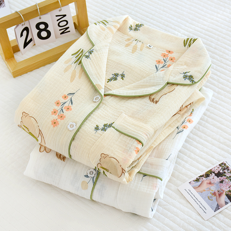 Baby Cotton Gauze Women's Thin Long-Sleeved Loungewear Set Pure Cotton Crepe Seersucker Spring and Autumn Pajamas Summer Baby Cotton Gauze Women's Thin Long-Sleeved Loungewear Set Pure Cotton Crepe Seersucker Spring and Autumn Pajamas Summer