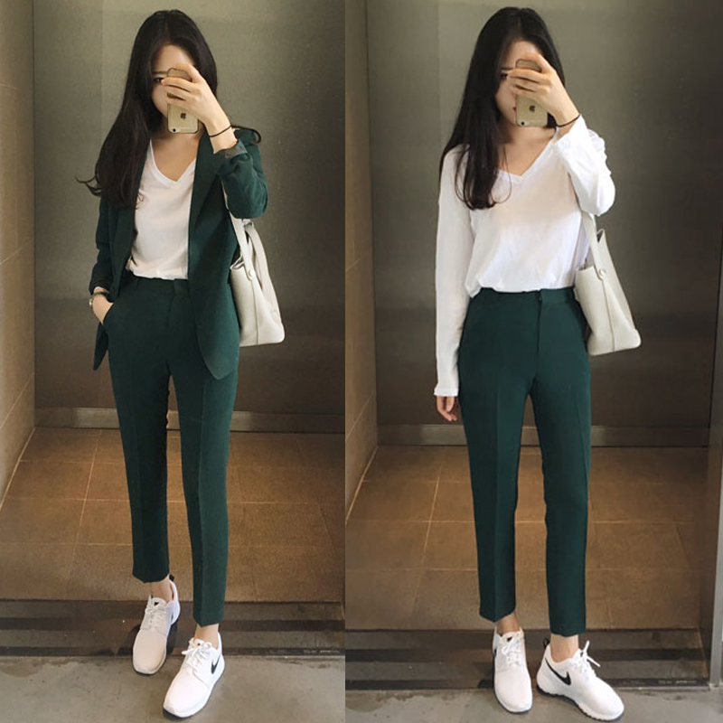 South Korea Spring New Temperament Casual Display Slim Western Suit Jacket Fashion 90% Pants Suit Suit Two Sets Women