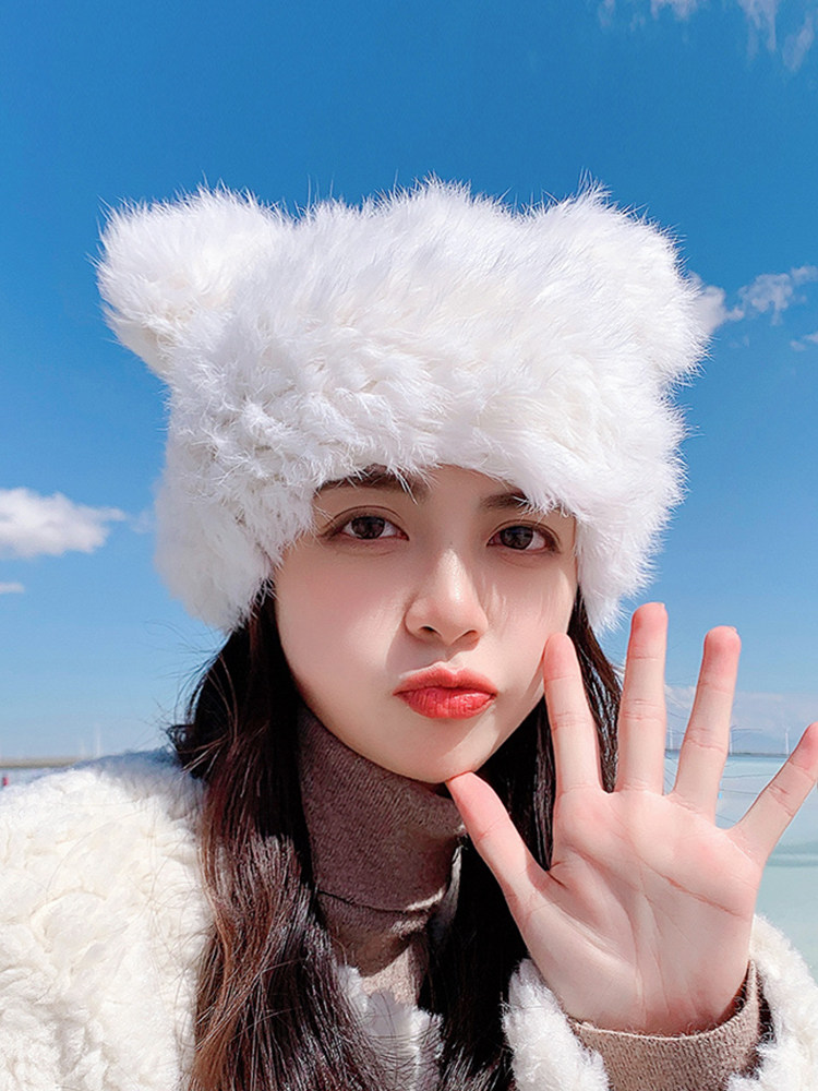 Japan AR Cute Cat Ears Rabbit Hair Hat Thickened Warm Hat Fashion 100 Hitch Grass Hat Lady Autumn Winter Korean Version
