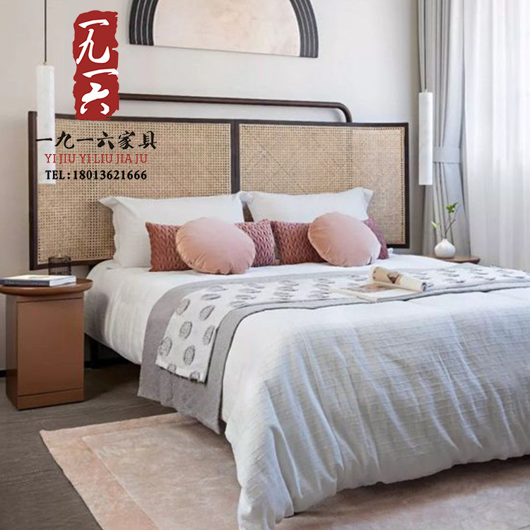 New Chinese Limdo Double Bed Modern Simple Homestay Residence Zen Bedroom Retro-Back King Bed