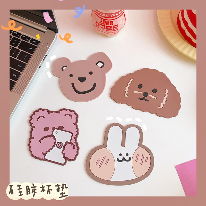 Korean ins style cute bear soft silicone coaster creative non-slip heat insulation pad table mat girl heart water cup holder - Taobao