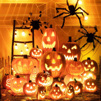 Halloween pumpkin lights decorations mall window ornaments outdoor scene layout props hollow glowing pumpkin