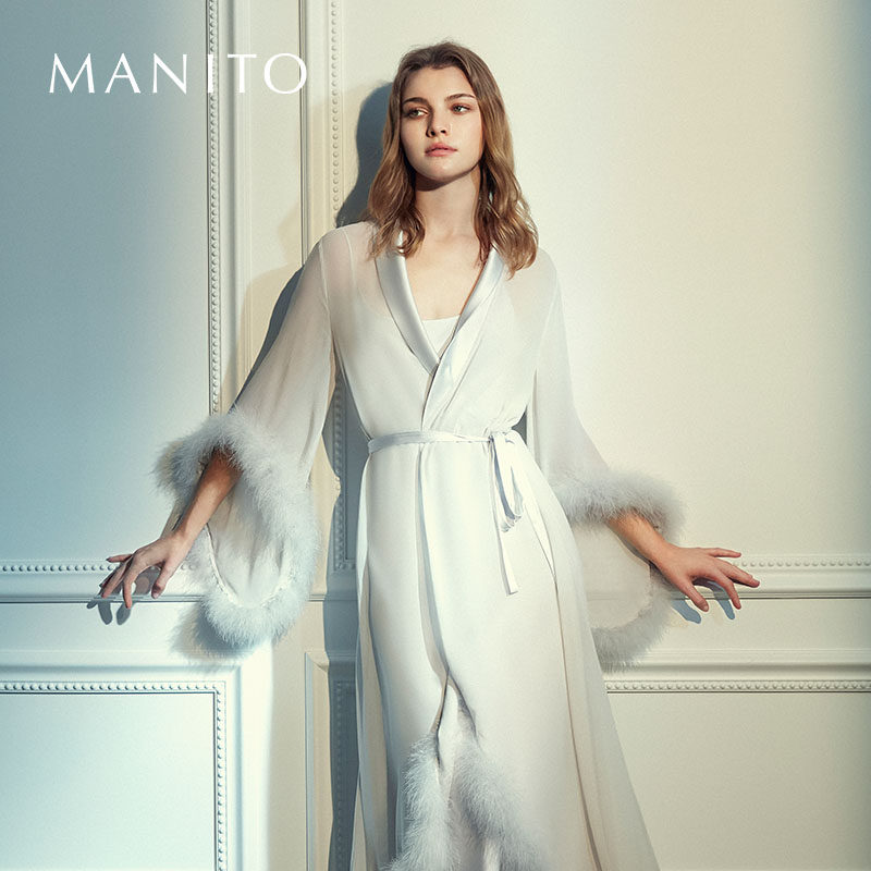 Manito Manito Diva feather long gown spliced feather dress sauna silk home dress gown dress