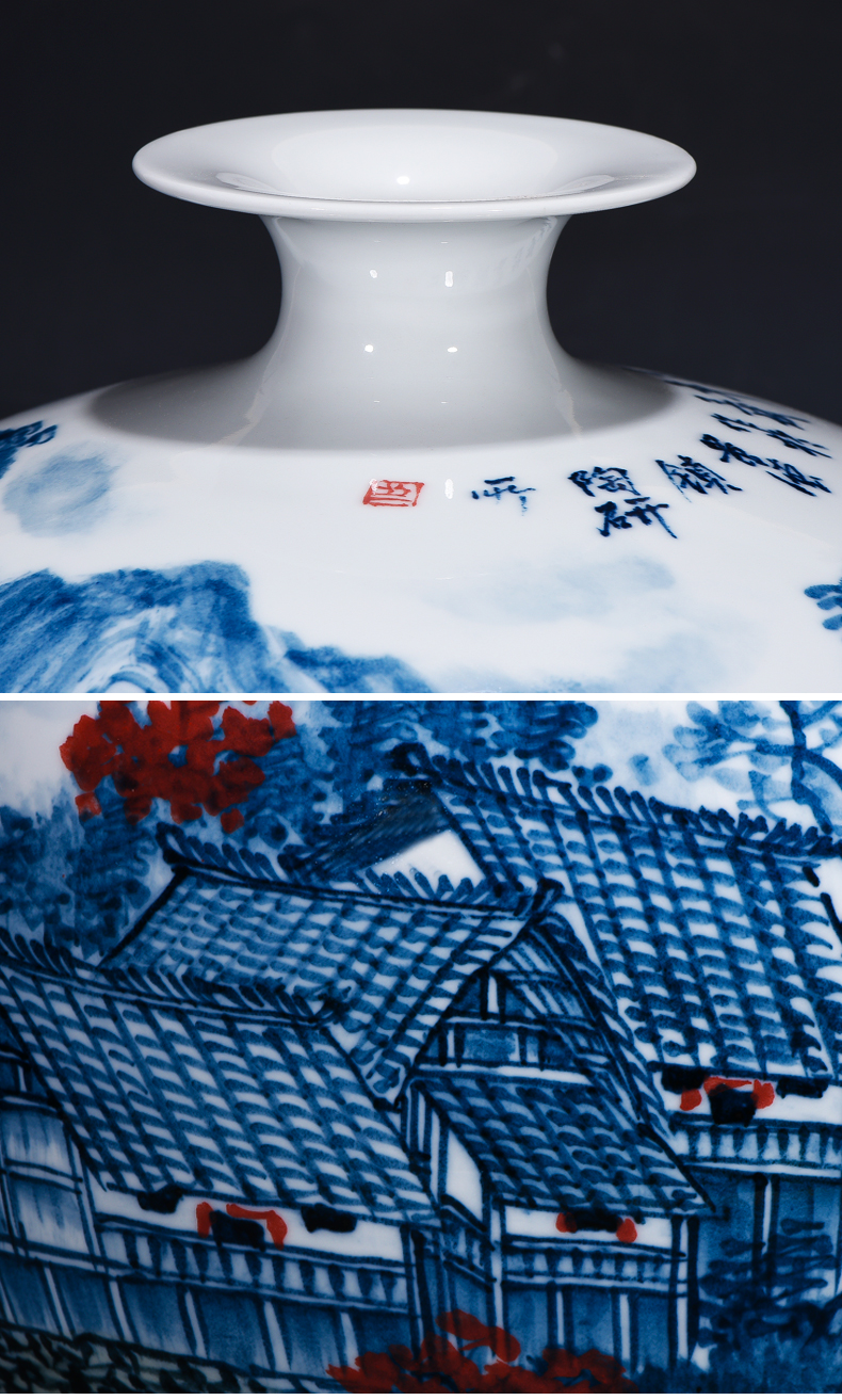 Jingdezhen ceramics vase masters hand draw colorful landscape of pomegranates of blue and white porcelain bottle Chinese sitting room adornment is placed