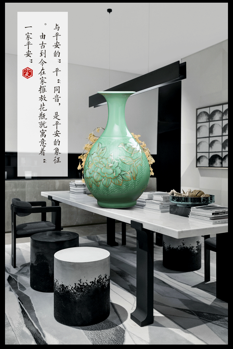 Jingdezhen masters ceramics vase and furnishing articles flowers sitting room of Chinese style household adornment green paint peony