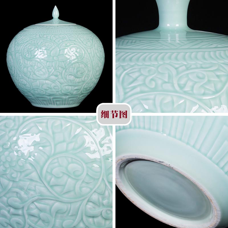 Jingdezhen ceramic antique vase blue glaze carving pomegranate bottles of classical Chinese style living room office furnishing articles ornament