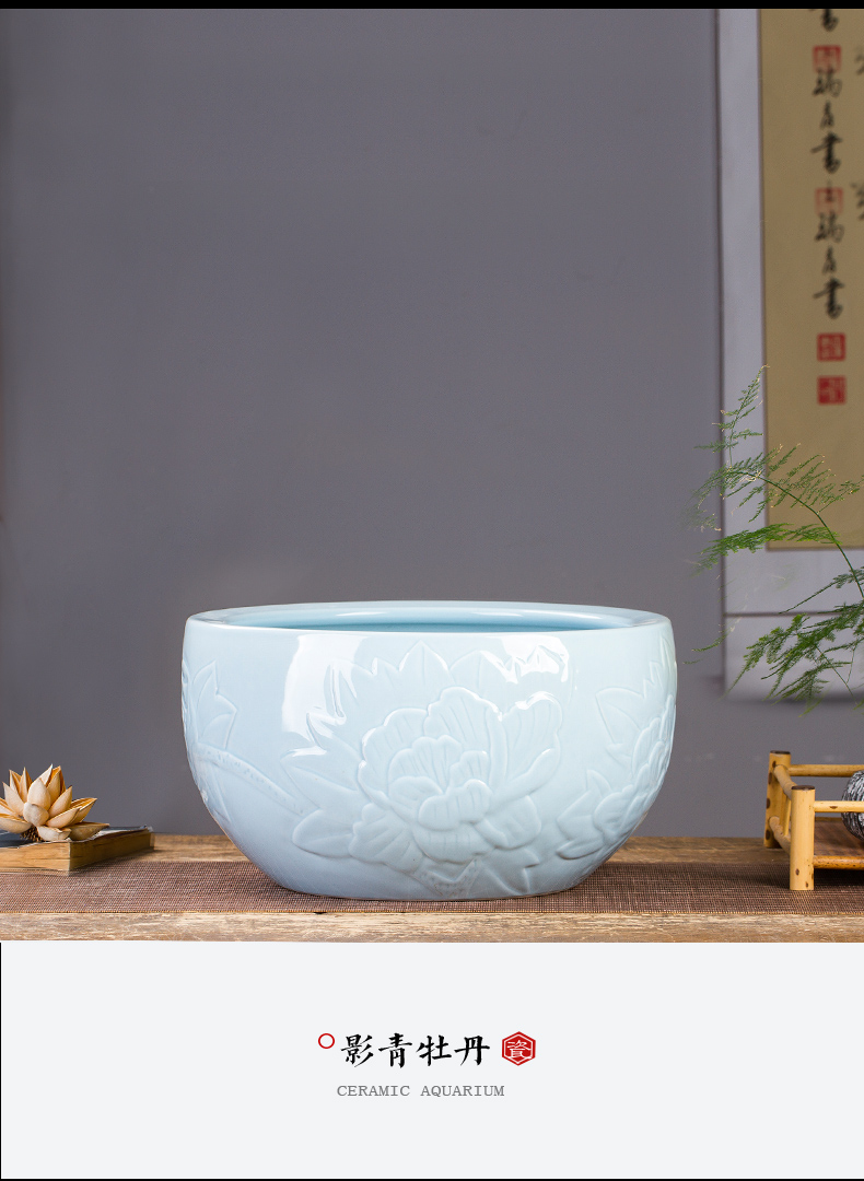 Jingdezhen ceramics tank large pastel shade green turtle cylinder lotus pond lily bowl lotus goldfish basin furnishing articles