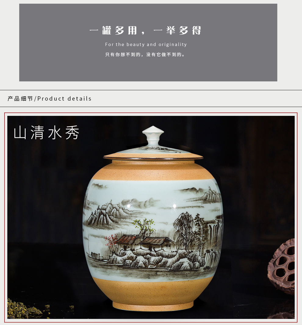 Jingdezhen ceramic hand - made tea pot with cover seal moisture household storage tank one and a half jins of large POTS