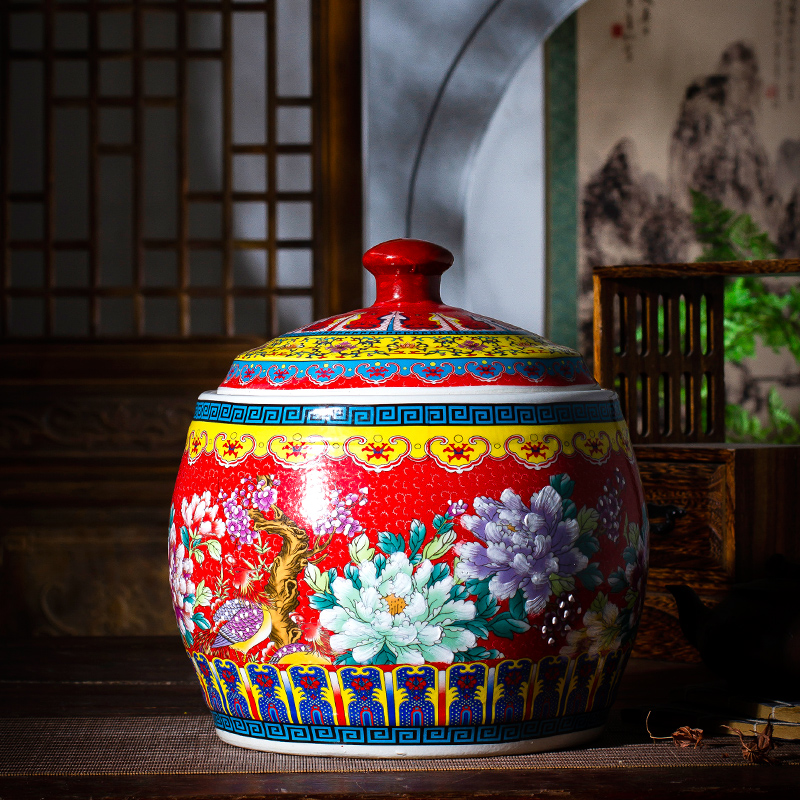 Jingdezhen ceramic barrel with cover Chinese colored enamel 20 jins home sitting room place seal storage tank ornament